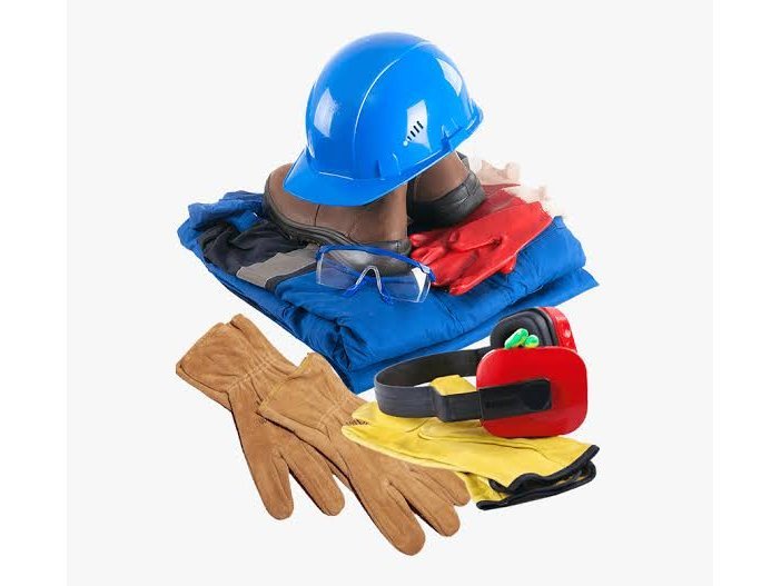 Safety helmet, goggles, gloves, boots, earmuffs and coveralls